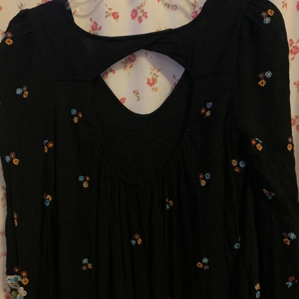 FREE PEOPLE Sz Small Oxford Embroidered Mini Dress Casual‎ Long Sleeves Boho
